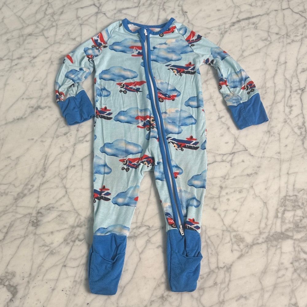 Whimsical Threads Bamboo Sleeper Airplane Print Kids One Piece Sz 3-6 Mo